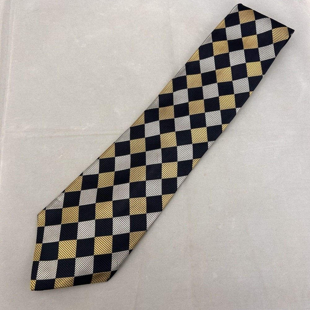 Paul Fredrick Men's‎ Gold Silver Blue Diamond Pattern Silk Tie